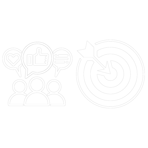 2D ilustracija ljudi z oblački, ki vključujejo všečke, srčke in tarčo, kar simbolizira izvajanje digitalnih kampanj in ciljno usmerjeno komunikacijo.