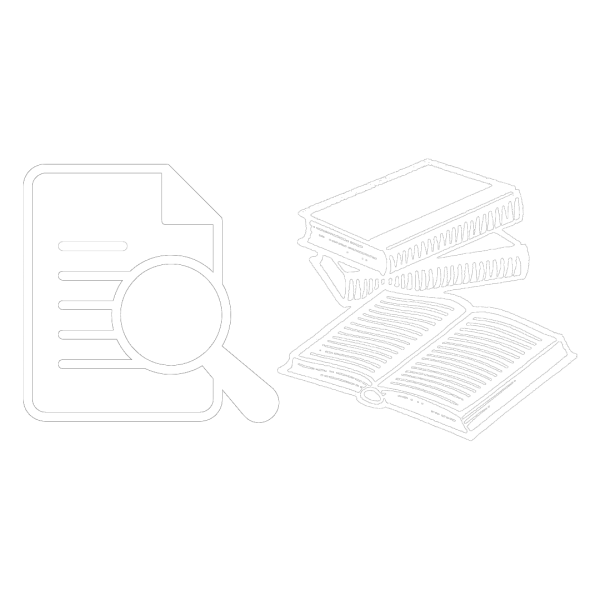 Črnobela fotografija lupe nad dokumentom, obkroženim s tremi knjigami, ki simbolizira analizo in raziskovanje.