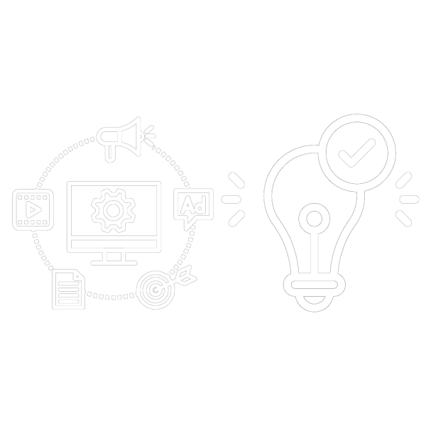 Črnobela ilustracija žarnice s kljukico in kroga, ki povezuje megafon, oglas in tarčo, kar simbolizira določanje ciljev in usklajevanje komunikacijskih kanalov.